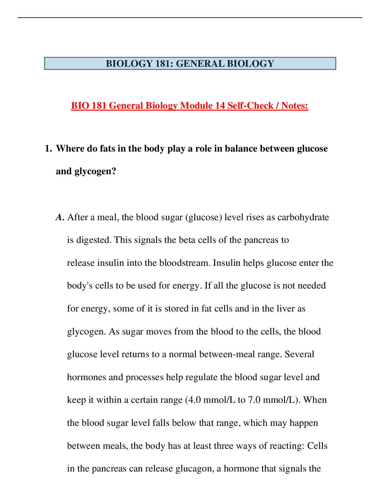 Recommended document preview for Arizona State University - BIO 181 Module 14 Self-Check General Biology I (Latest 2021) Correct Study Guide, Download to Score A